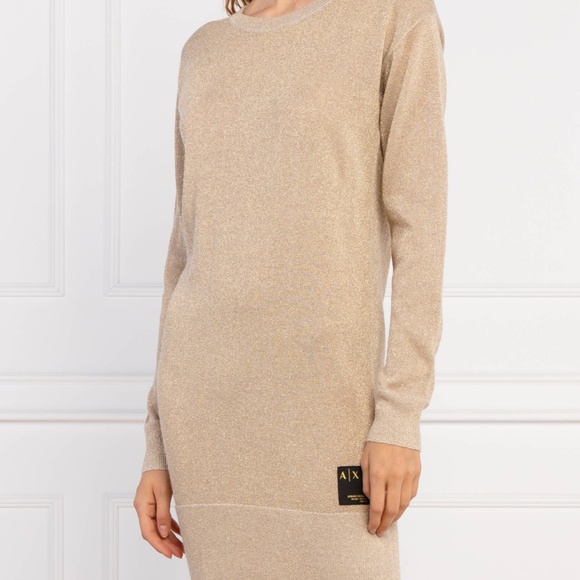 $140 AX Armani Exchange Gold Metallic Merino Blend Knit Mini Dress Long Sleeve M - Picture 4 of 15
